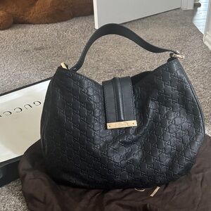Gucci Black Embossed Leather Shoulder Hobo with Gold Hardware